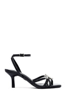 Women's Black Ankle Buckle Stoned Thin Short Heeled Sandals | Derimod