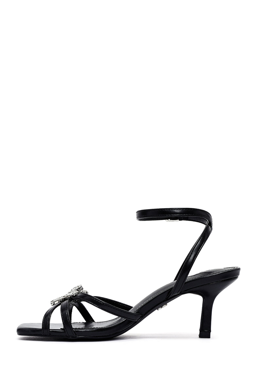 Women's Black Ankle Buckle Stoned Thin Short Heeled Sandals