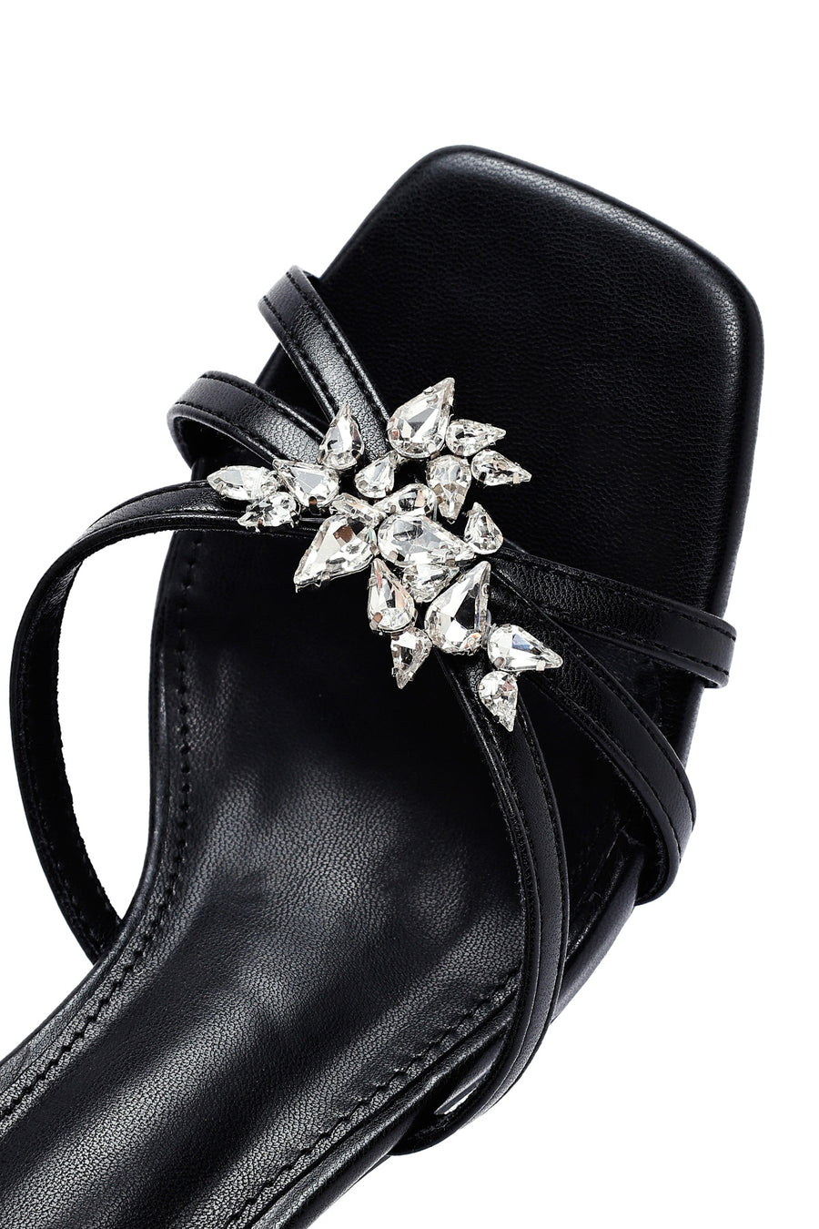 Women's Black Ankle Buckle Stoned Thin Short Heeled Sandals