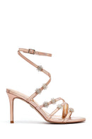 Women's Pink Ankle Buckle Stoned Metallic Thin Heel Sandals | Derimod