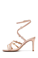 Women's Pink Ankle Buckle Stoned Metallic Thin Heel Sandals | Derimod