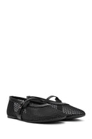 Women's Black Mesh Ballet Flats with Straps | Derimod