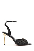 Women's Black Ankle Strap Leather High Thin Heel Sandals | Derimod