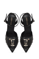 Women's Black Ankle Strap Leather High Thin Heel Sandals | Derimod