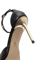 Women's Black Ankle Strap Leather High Thin Heel Shoes | Derimod
