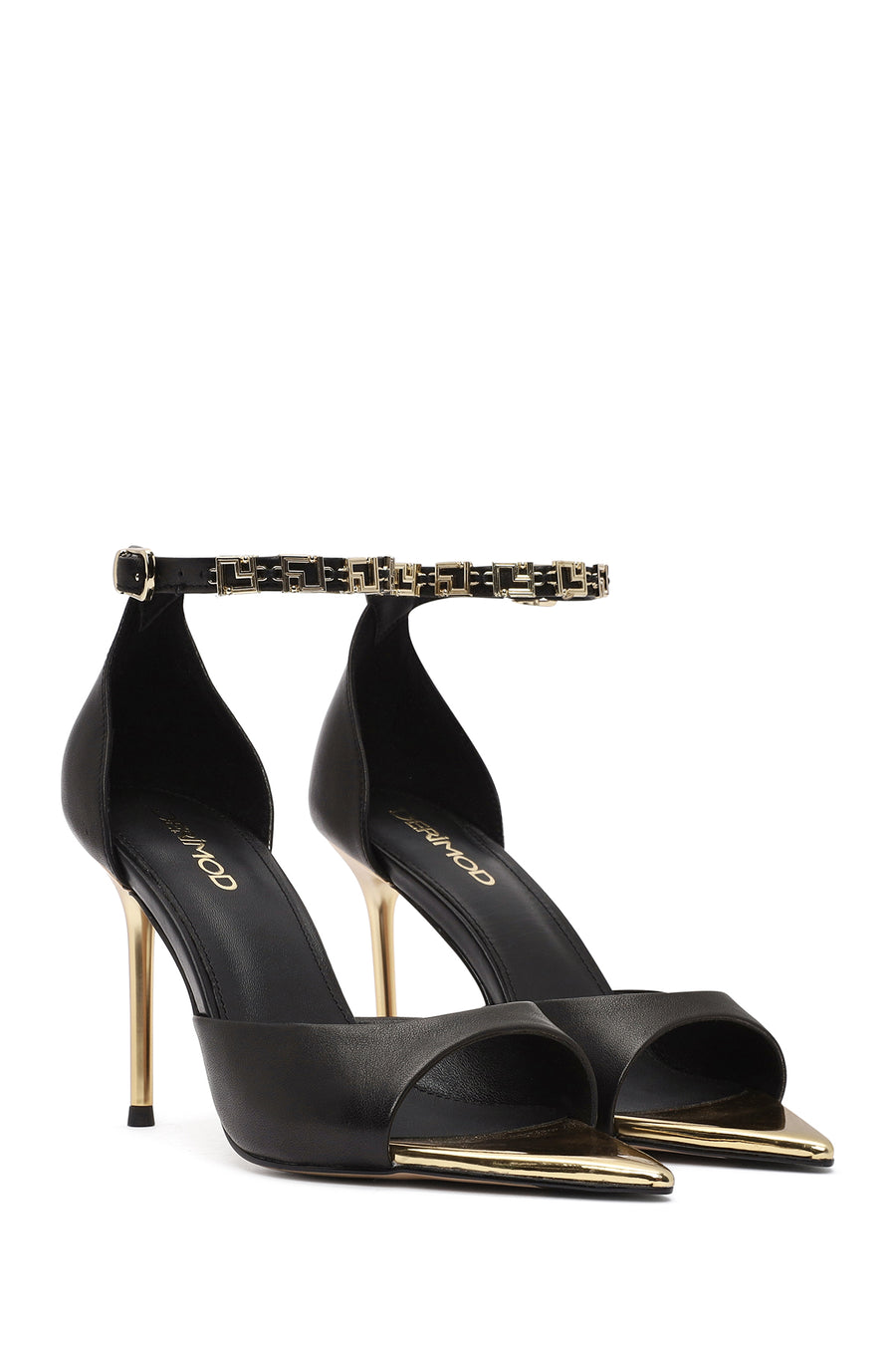 Women's Black Ankle Strap Leather High Thin Heel Shoes