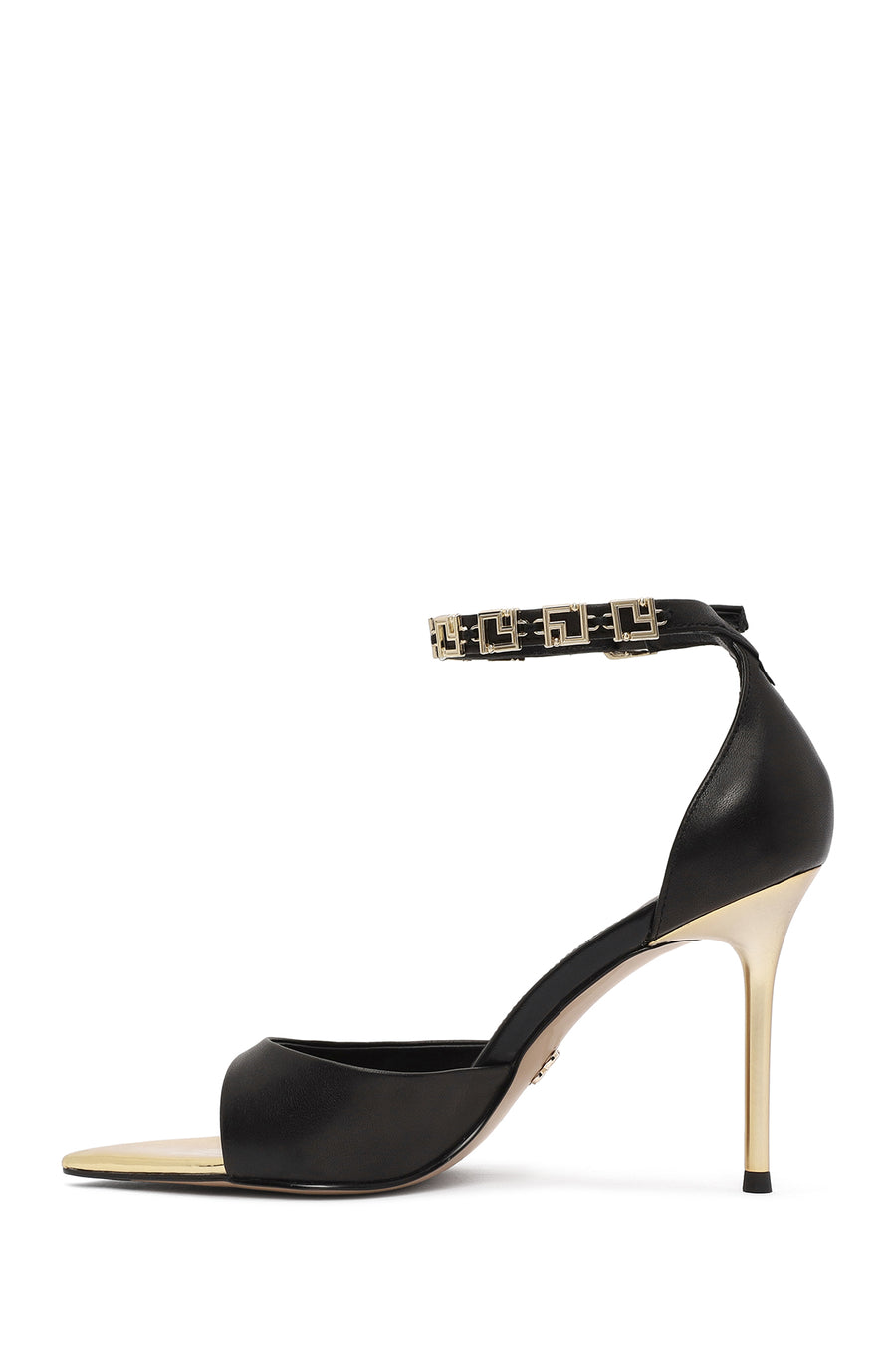 Women's Black Ankle Strap Leather High Thin Heel Shoes