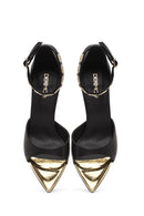 Women's Black Ankle Strap Leather High Thin Heel Shoes | Derimod