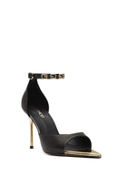 Women's Black Ankle Strap Leather High Thin Heel Shoes | Derimod