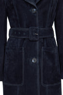 Argentina Women's Navy Blue Suede Leather Trench Coat | Derimod