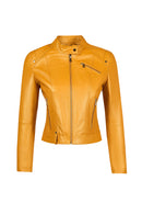 Sonia Woman Yellow Mandarin Collar Short Leather Jacket | Derimod