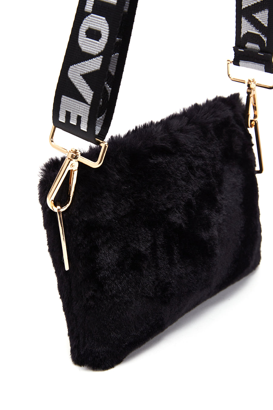 Women's Black Long Strap Plush Clutch Bag