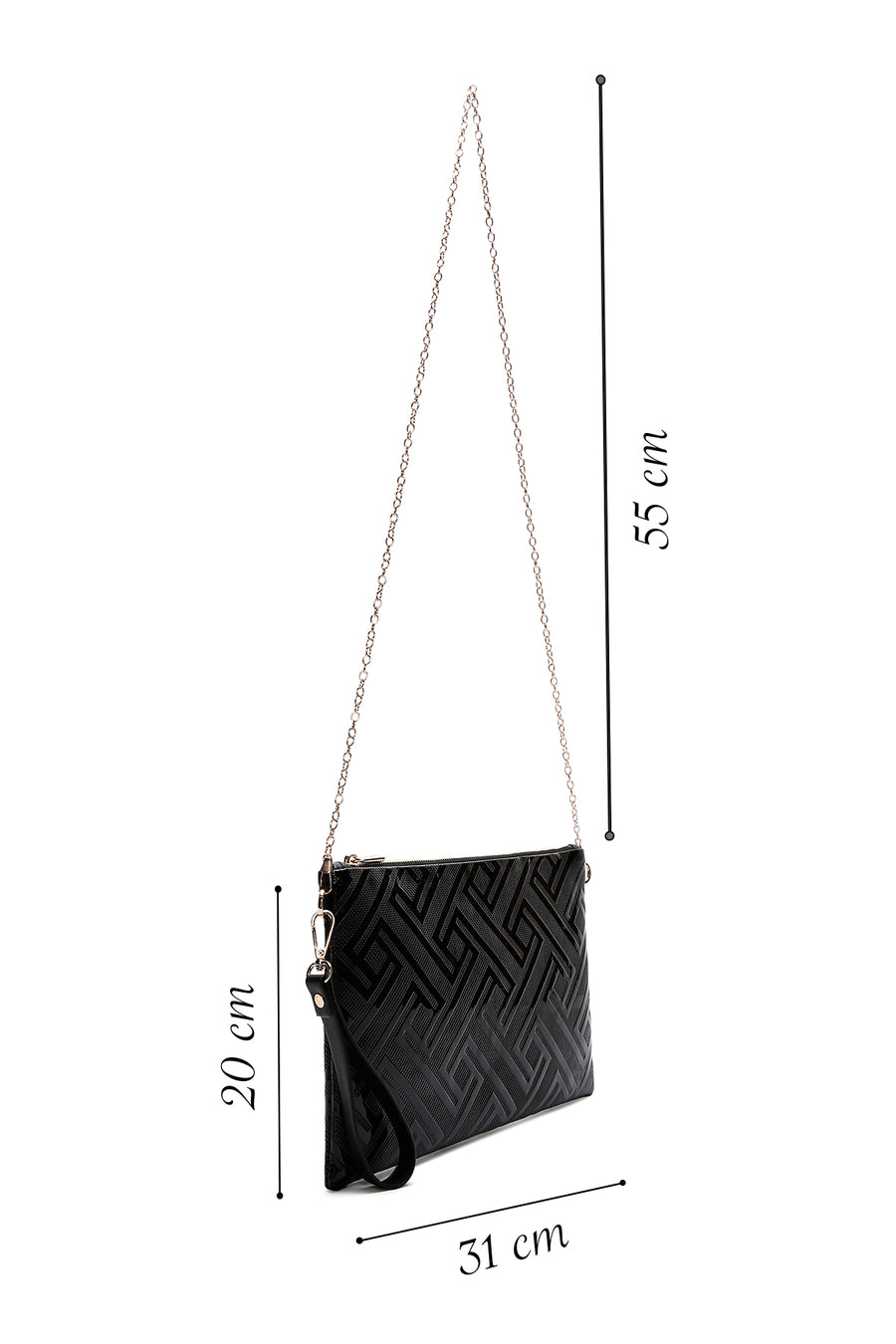 Women's Black Chain Strap Patterned Patent Leather Clutch Bag