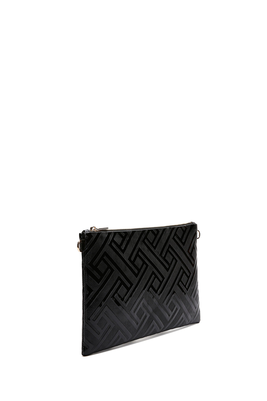 Women's Black Chain Strap Patterned Patent Leather Clutch Bag