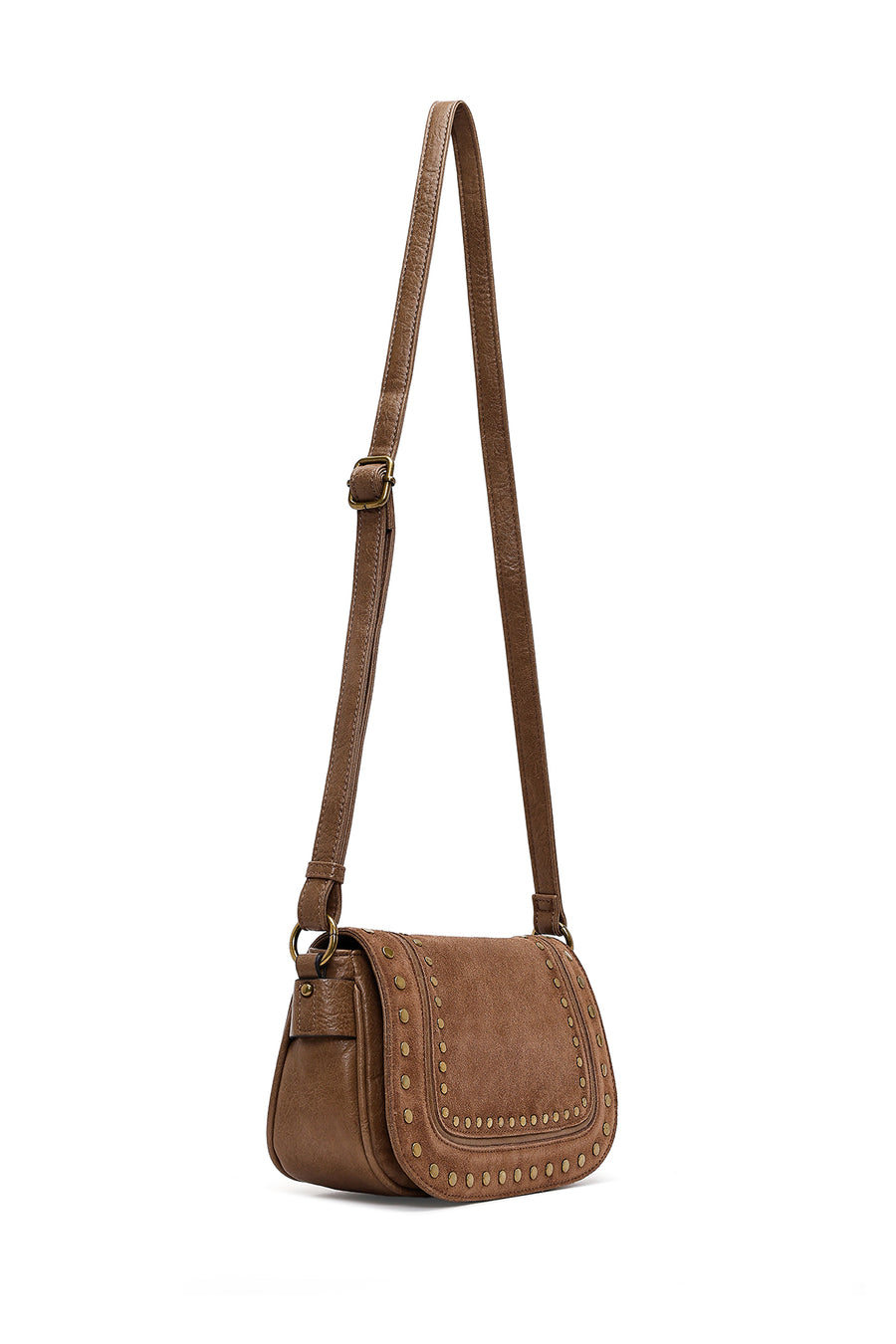 Women's Tan Long Strap Studded Suede Crossbody Bag