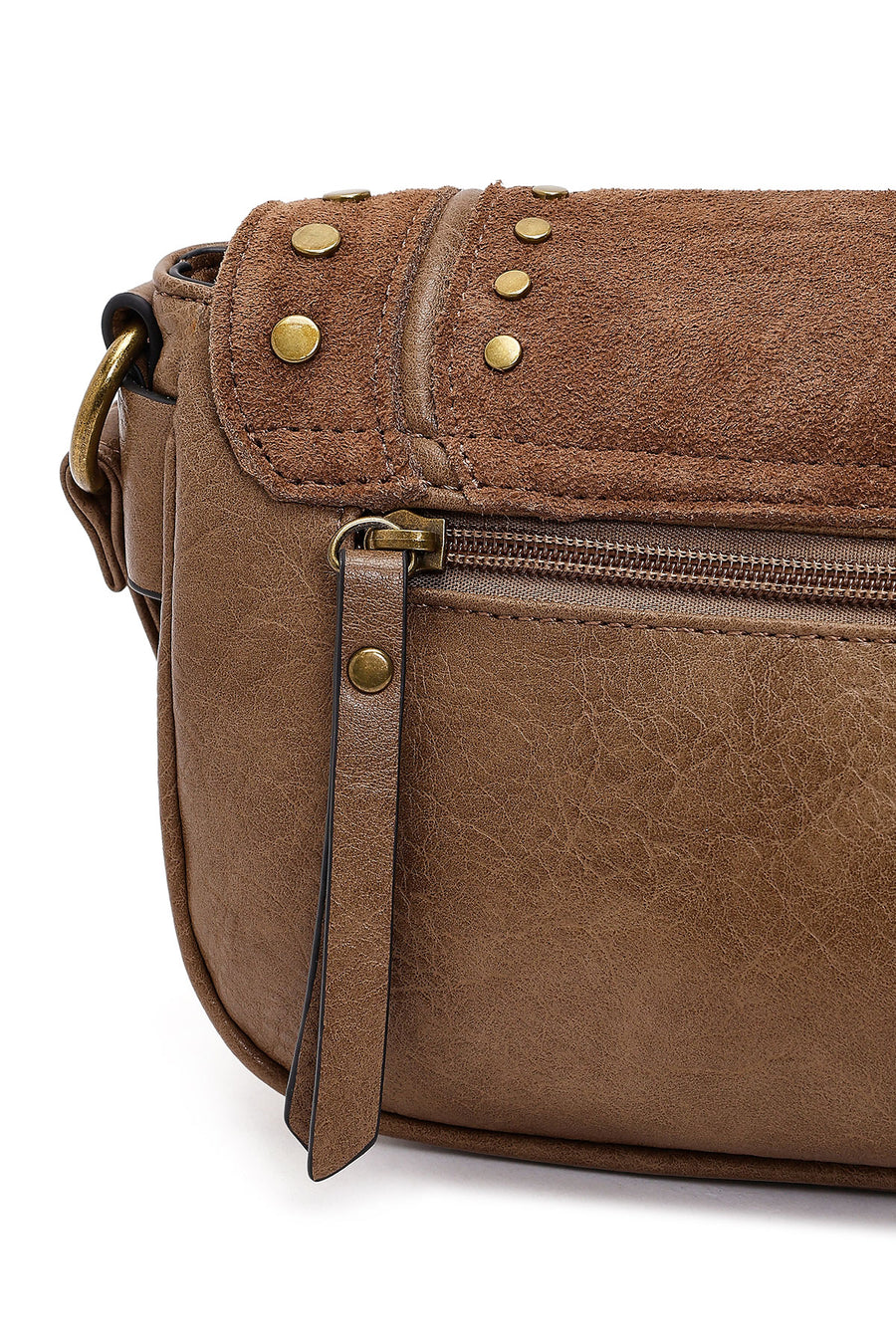 Women's Tan Long Strap Studded Suede Crossbody Bag