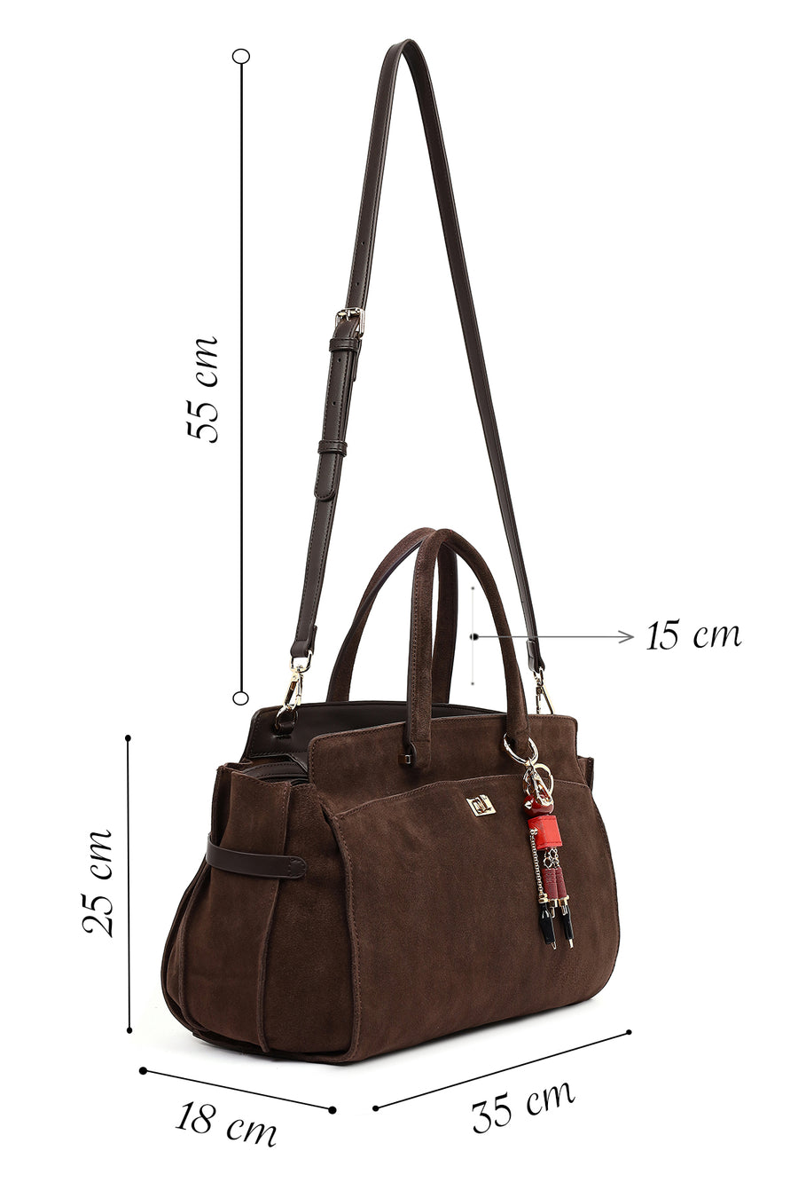 Women's Brown Long Strap Suede Shoulder Bag with Accessories