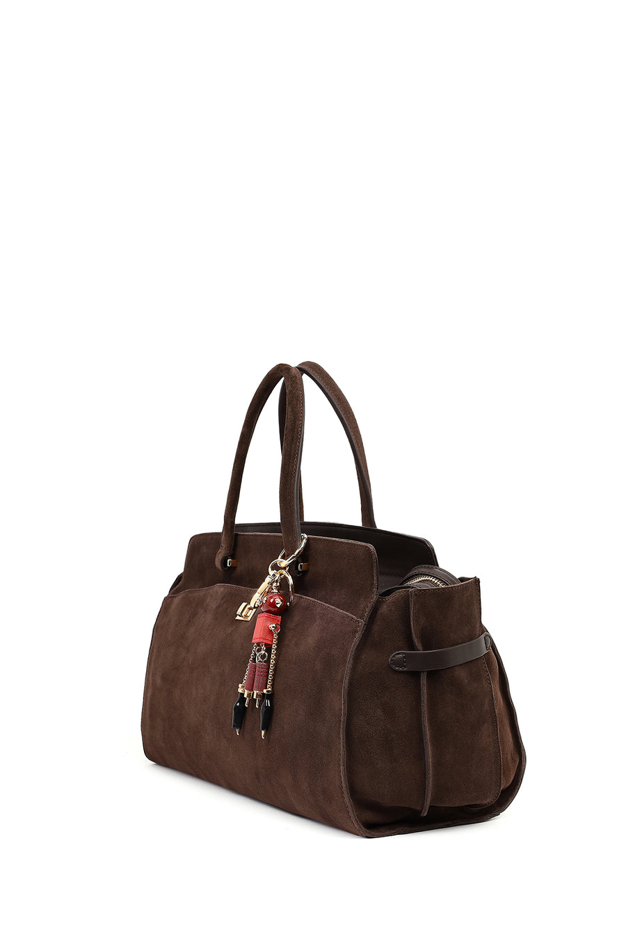Women's Brown Long Strap Suede Shoulder Bag with Accessories