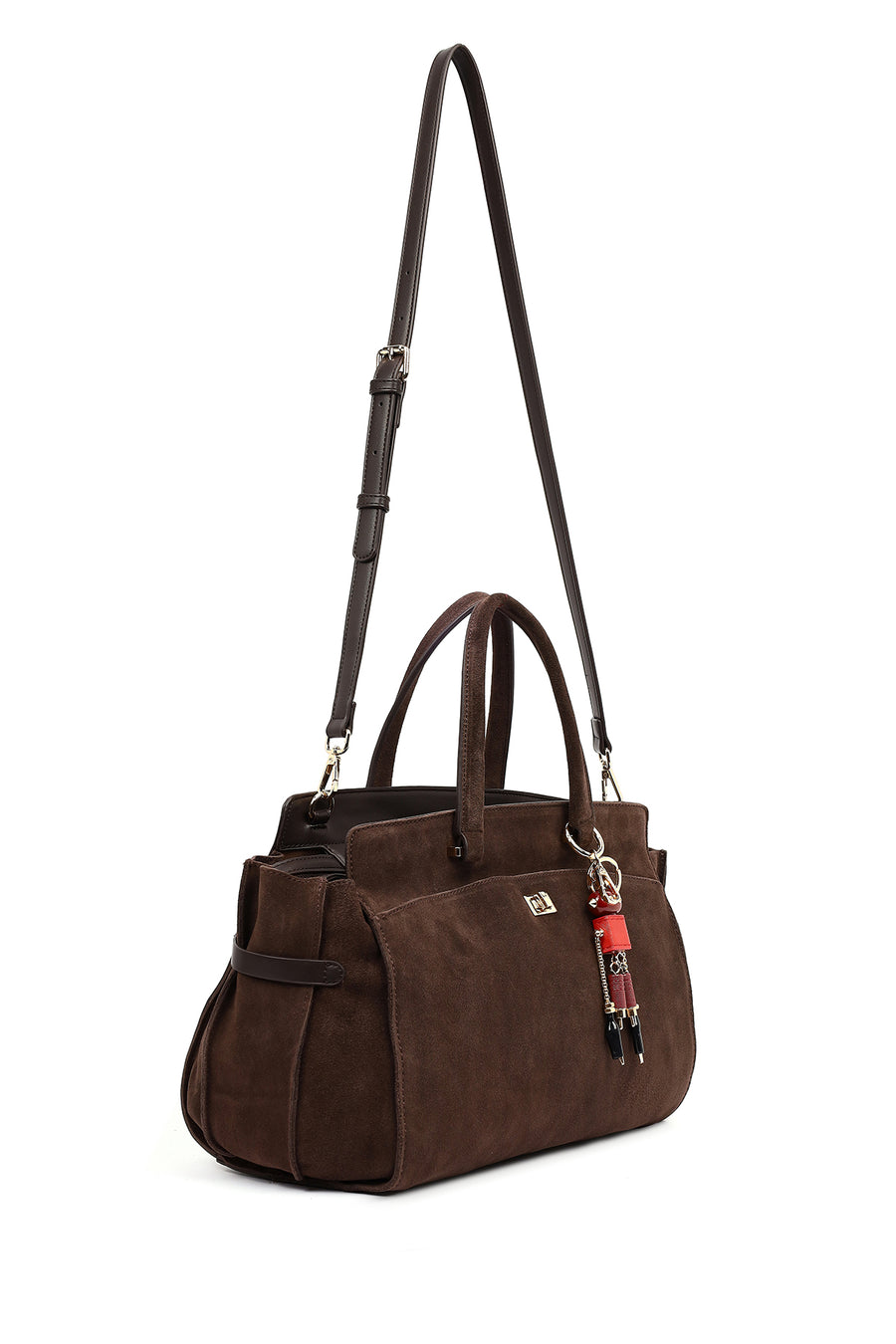 Women's Brown Long Strap Suede Shoulder Bag with Accessories