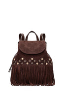 Women's Brown Tassel Suede Leather Backpack | Derimod