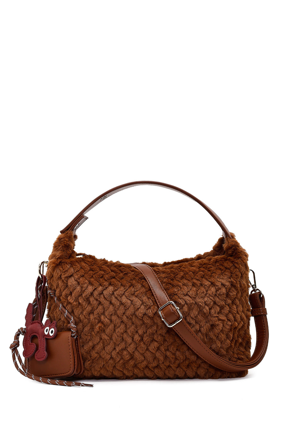 Women's Brown Long Strap Plush Shoulder Bag with Charms 25WBD2865PH | Derimod