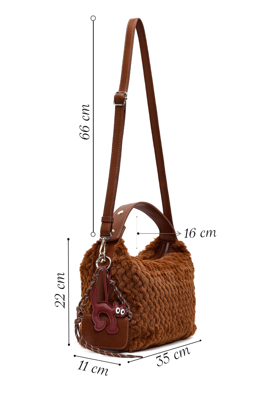 Women's Brown Long Strap Plush Shoulder Bag with Charms