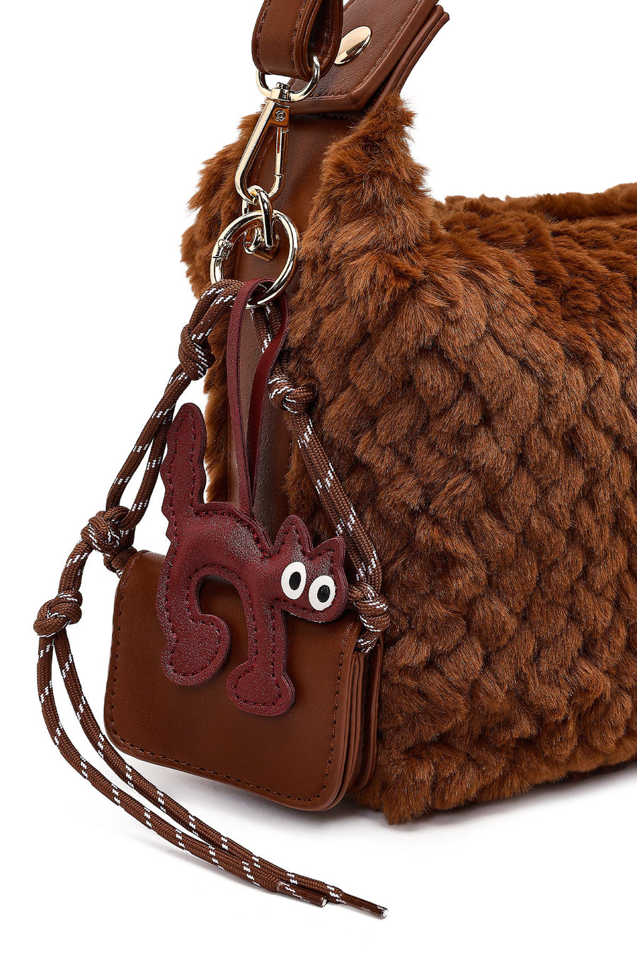 Women's Brown Long Strap Plush Shoulder Bag with Charms