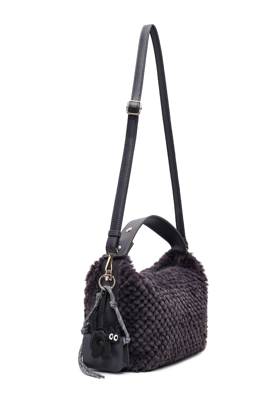 Women's Gray Long Strapped Plush Shoulder Bag with Charms