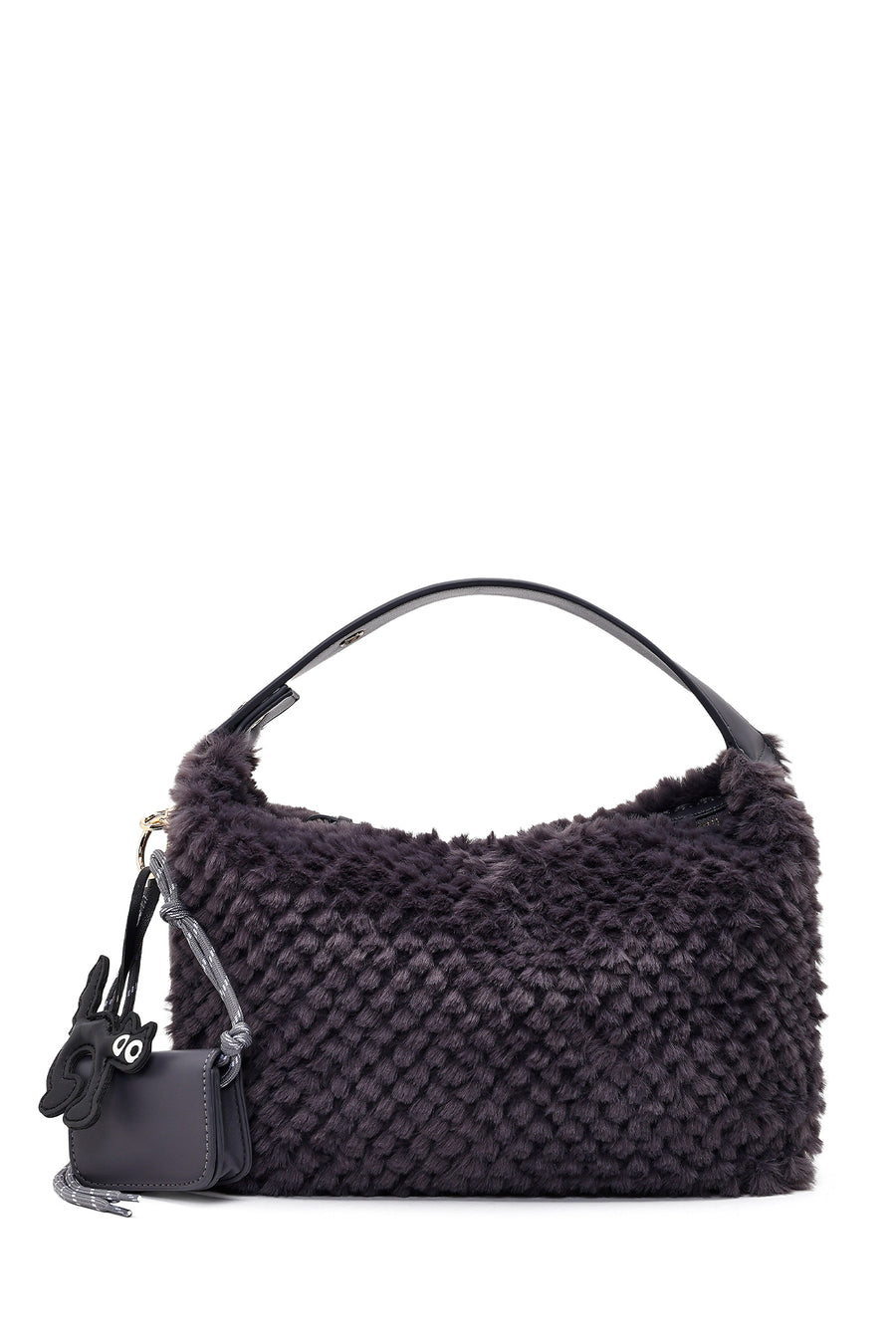 Women's Gray Long Strapped Plush Shoulder Bag with Charms