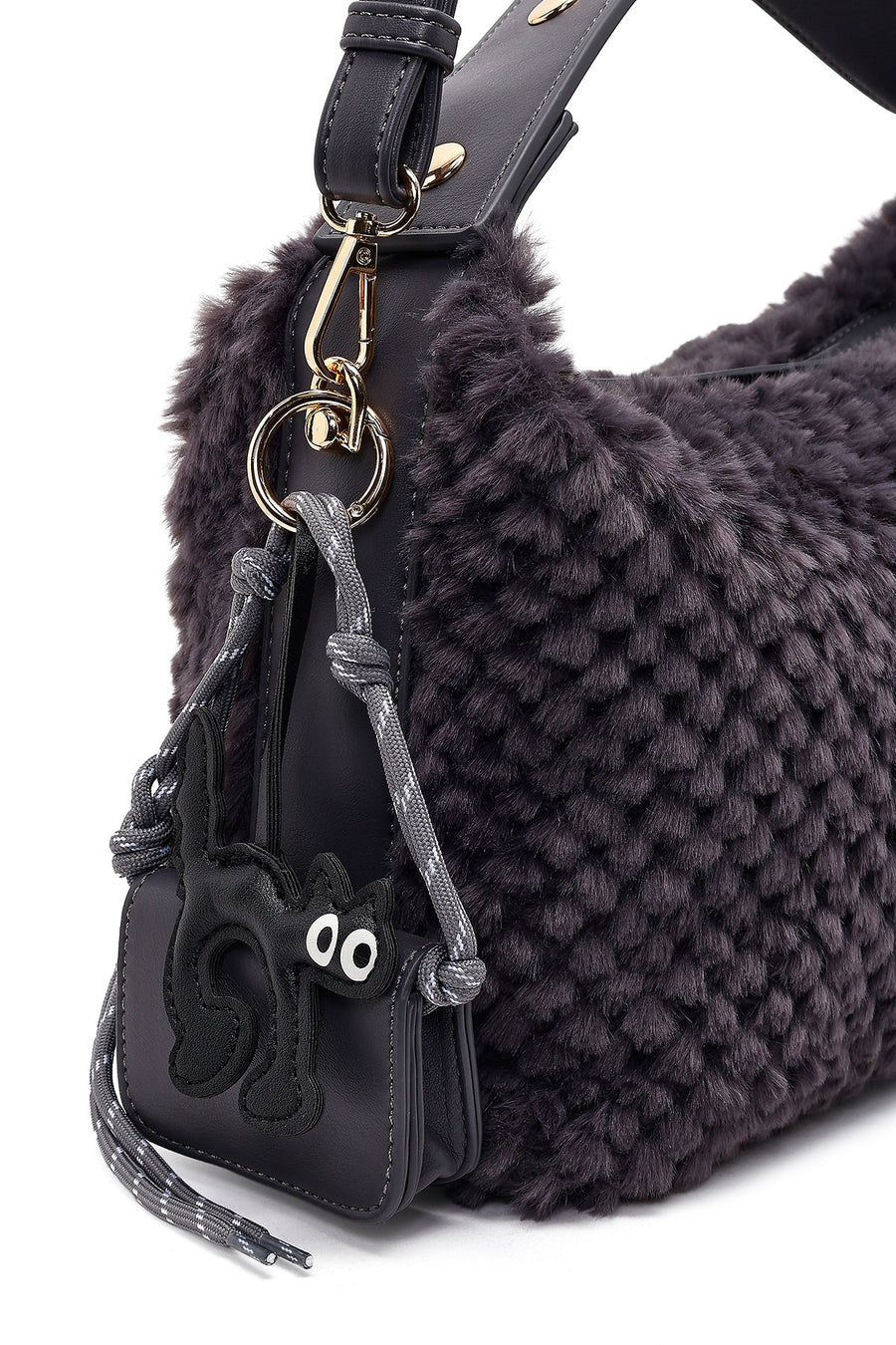 Women's Gray Long Strapped Plush Shoulder Bag with Charms