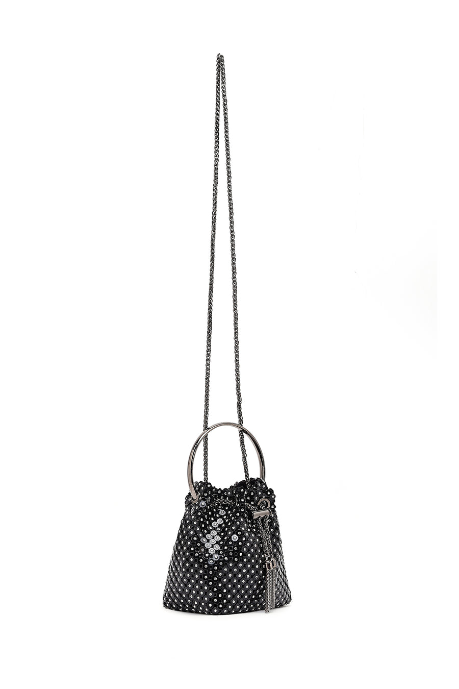 Women's Black Long Chain Strap Stone Mini Evening Handbag