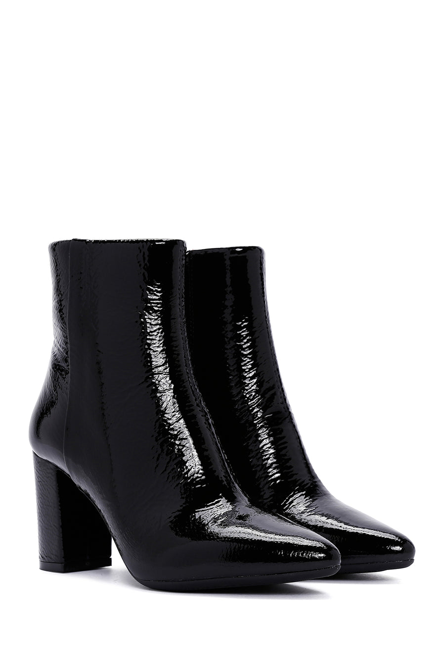 Derimod Gritti Woman Black Zippered Thick Heel Patent Leather Leather Boat
