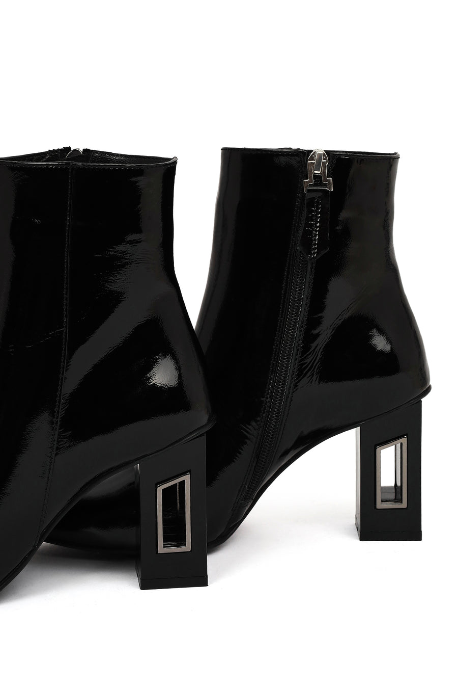 Women's Black Zippered Thick Heeled Patent Leather Boots