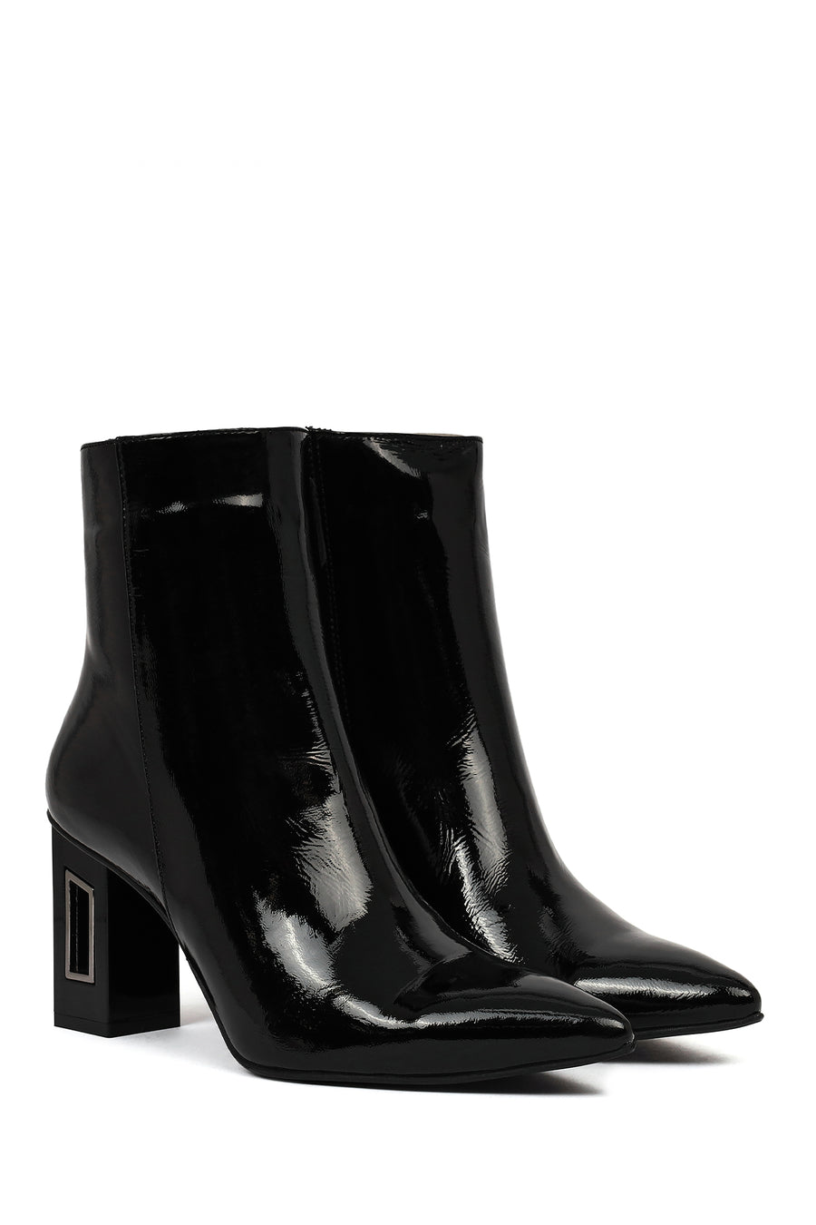 Women's Black Zippered Thick Heeled Patent Leather Boots