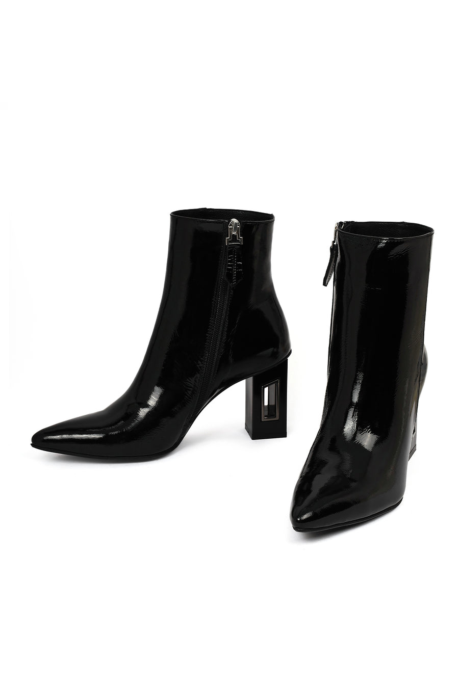 Women's Black Zippered Thick Heeled Patent Leather Boots