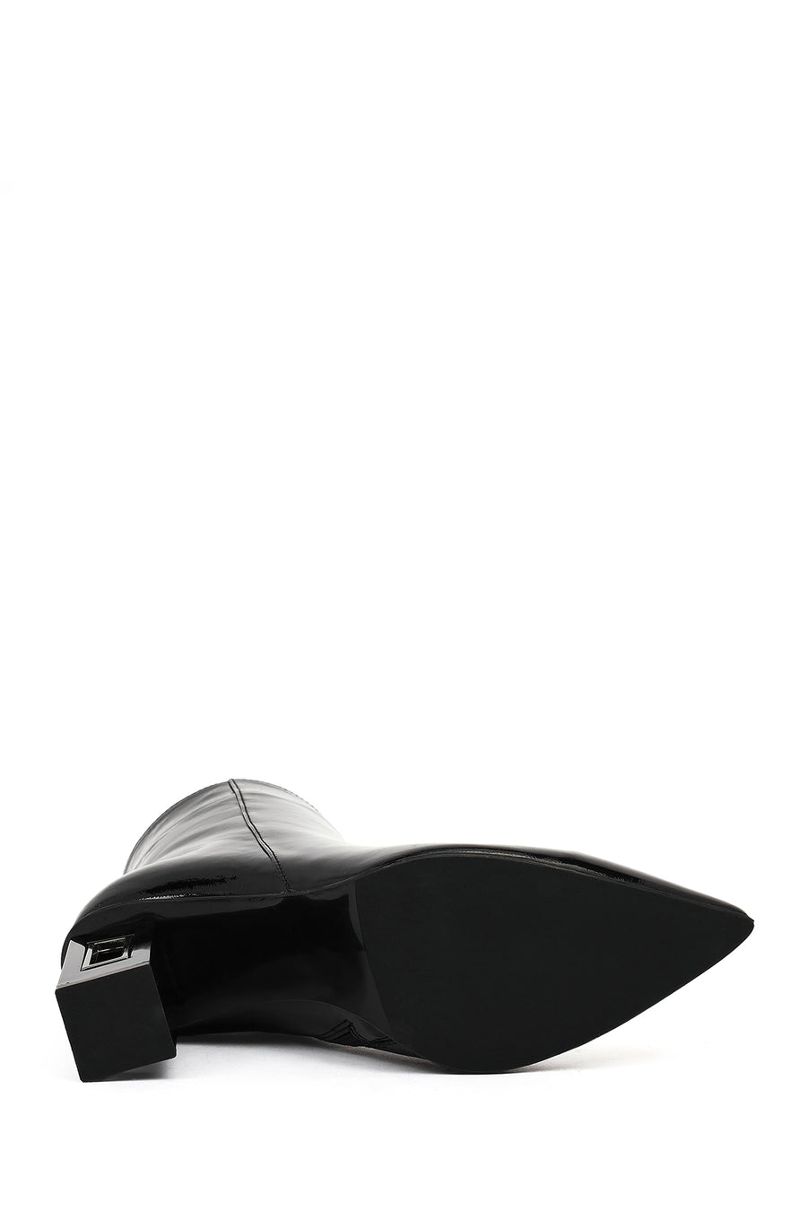 Women's Black Zippered Thick Heeled Patent Leather Boots