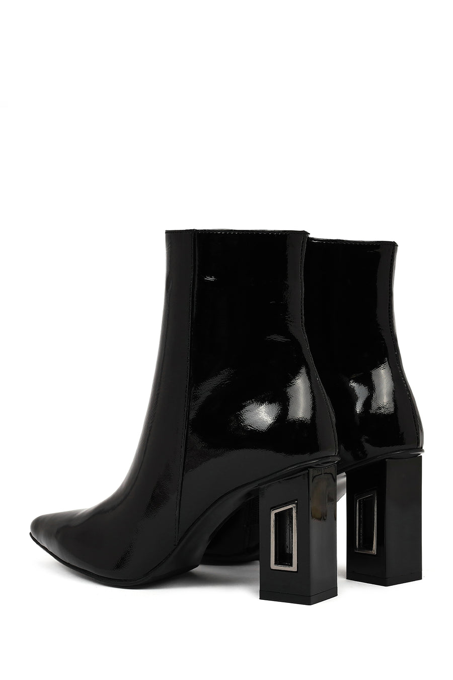 Women's Black Zippered Thick Heeled Patent Leather Boots