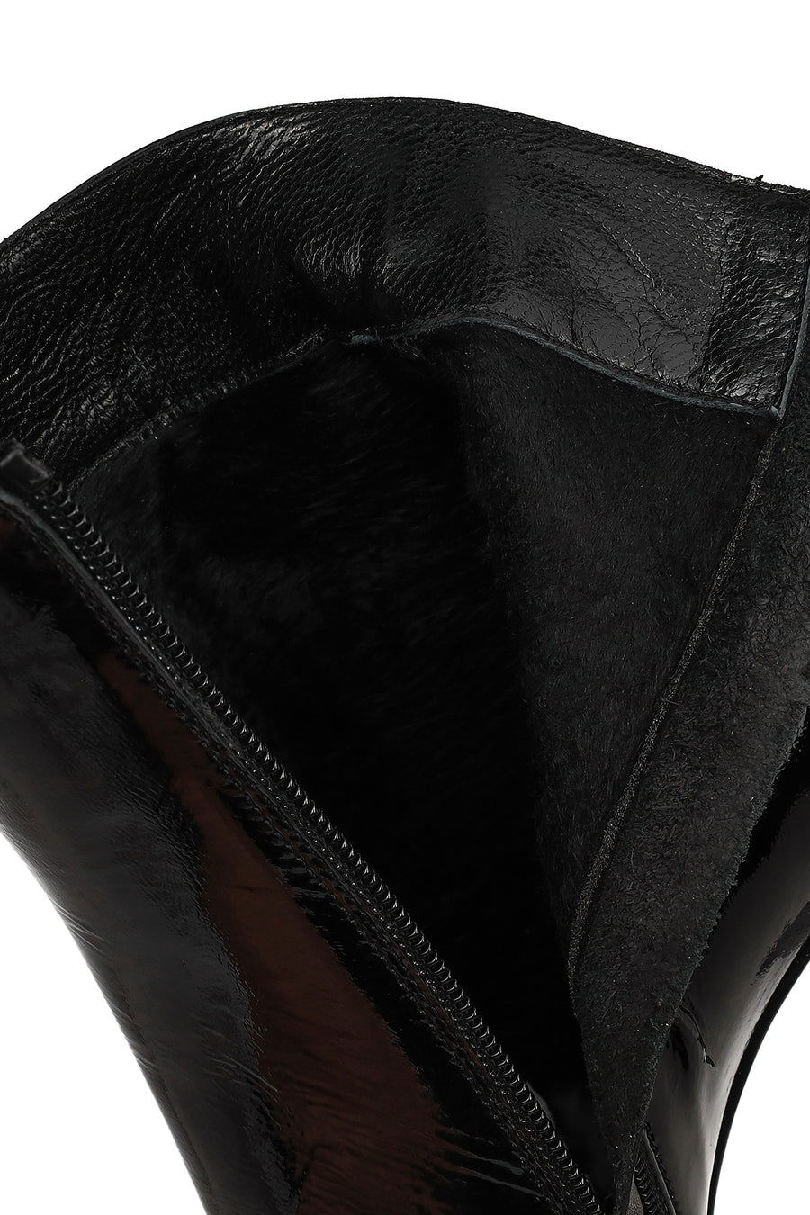 Women's Black Zippered Thick Heeled Patent Leather Boots