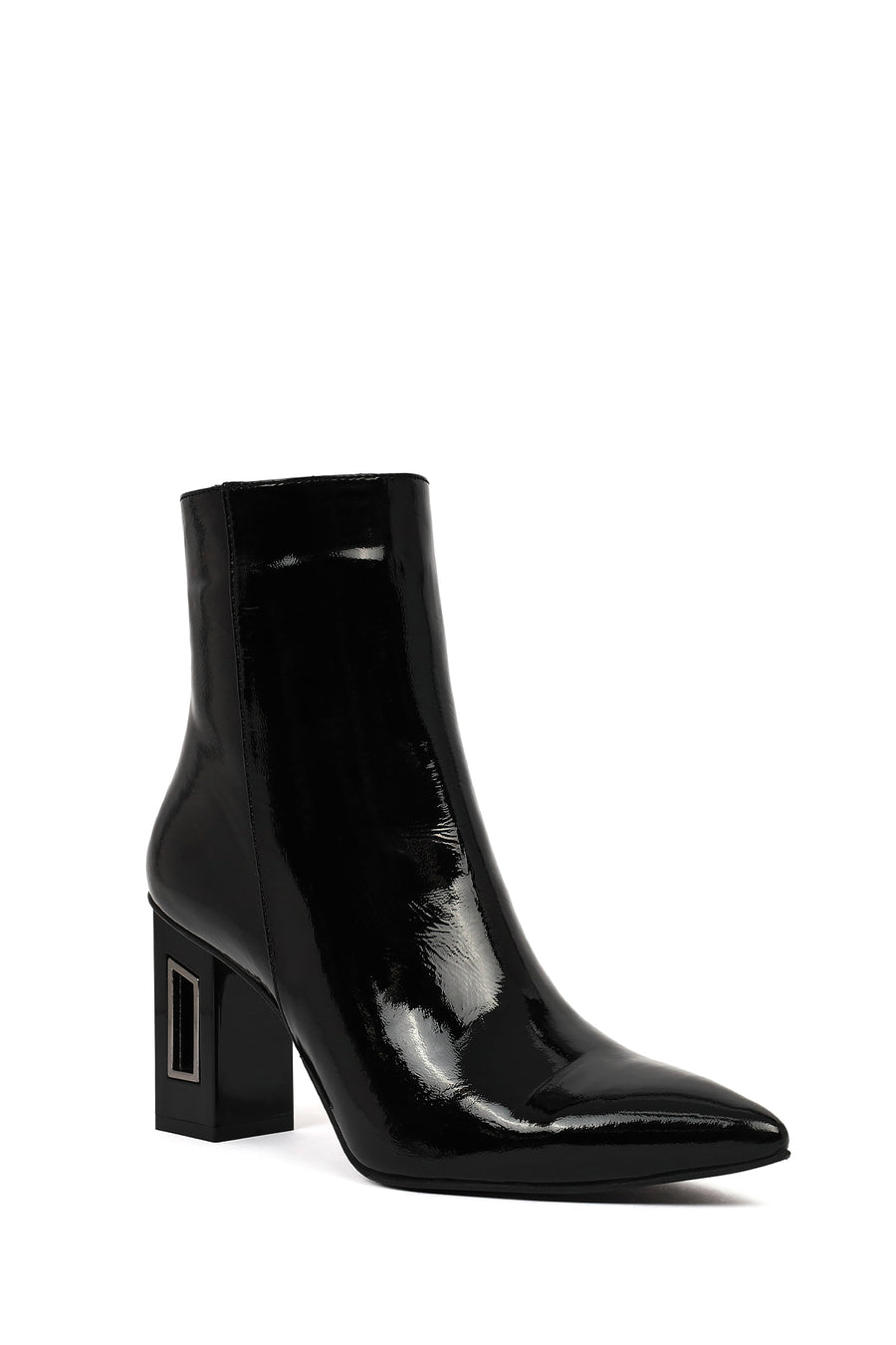 Women's Black Zippered Thick Heeled Patent Leather Boots