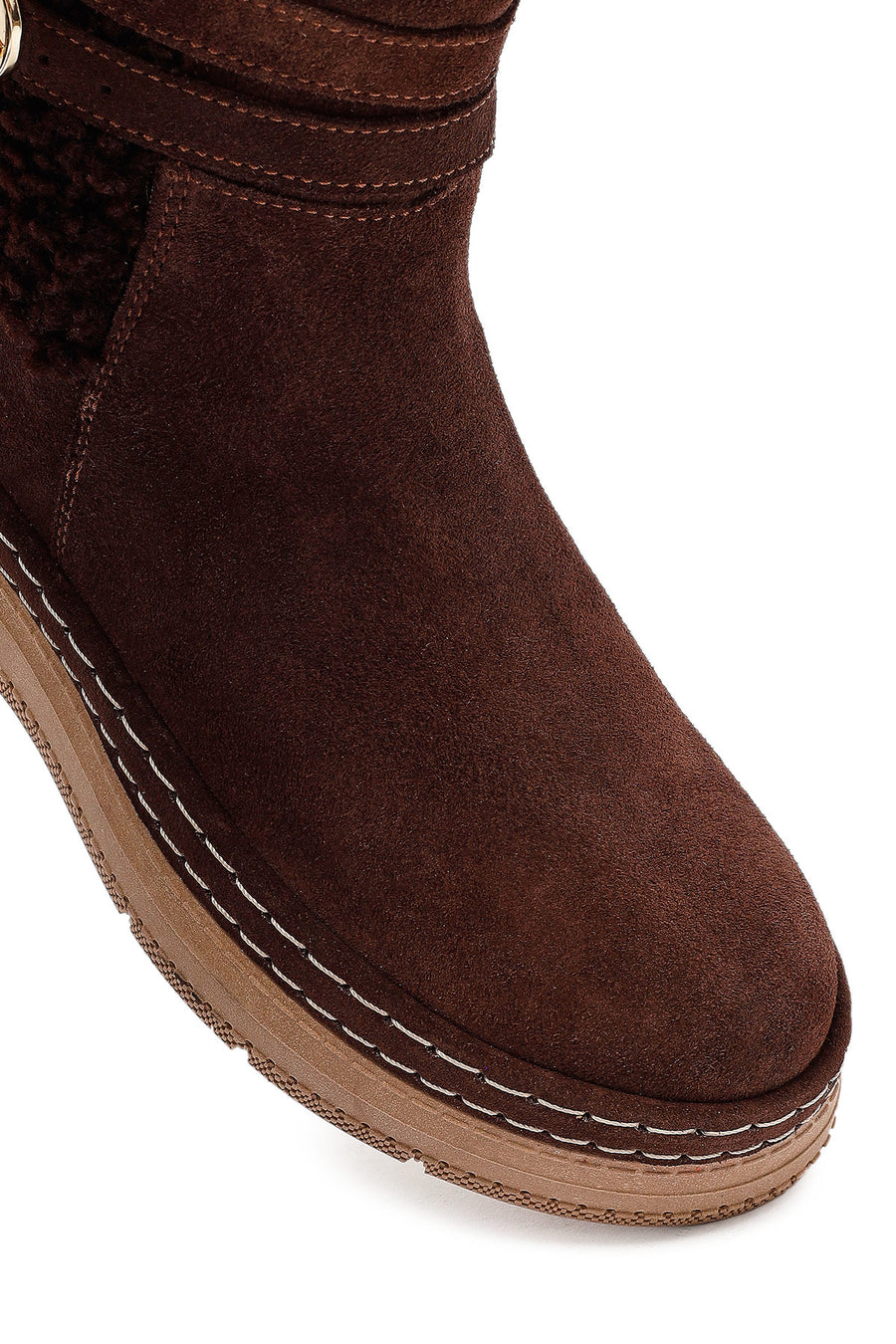 Woman Brown Zippered Suede Leather Teddy Bot
