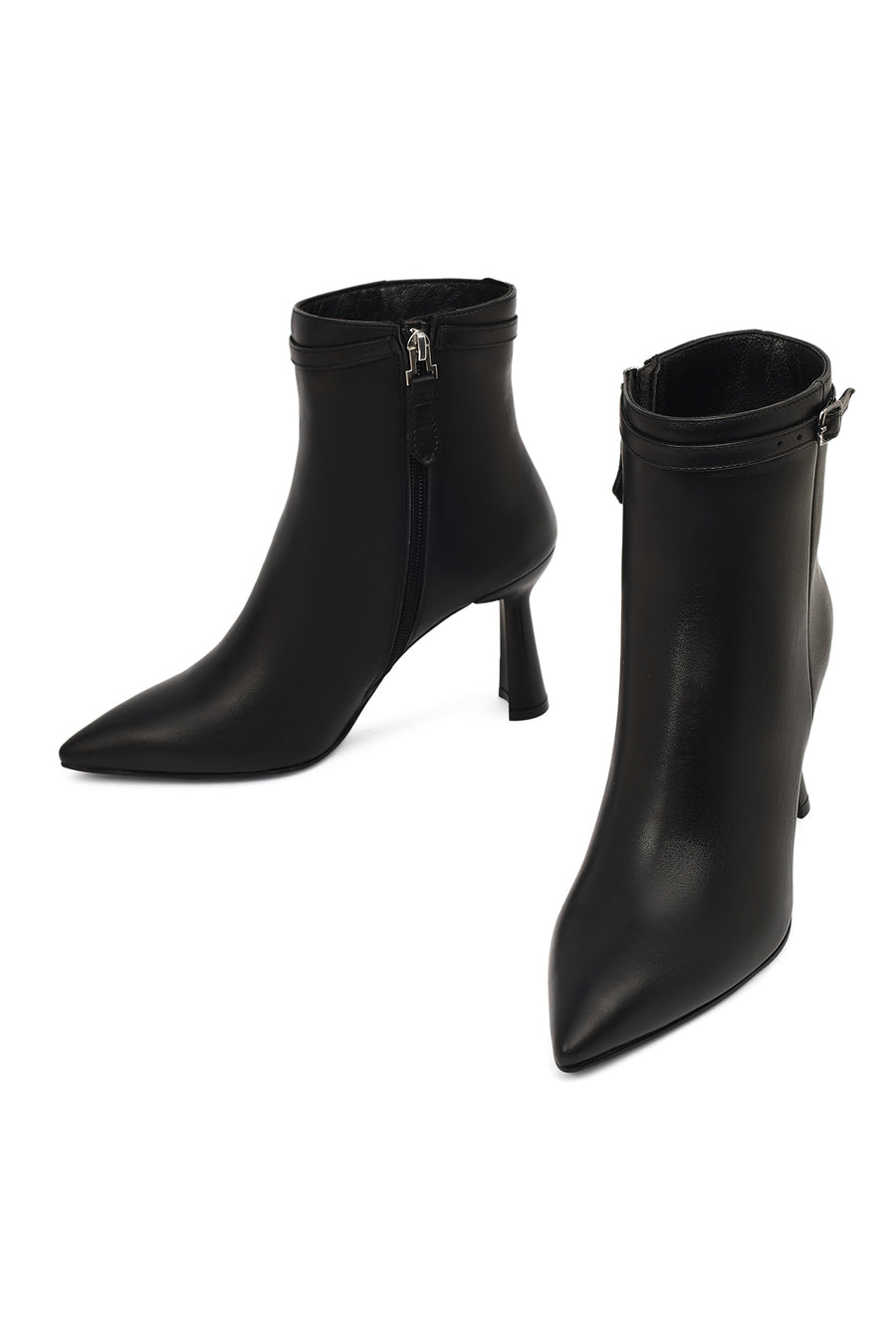 Women's Black Zipper Heeled Leather Boots