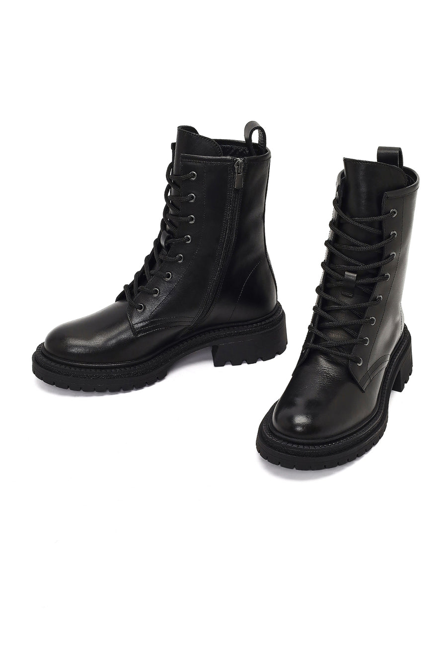 Women's Black Zippered Thick-Soled Leather Boot