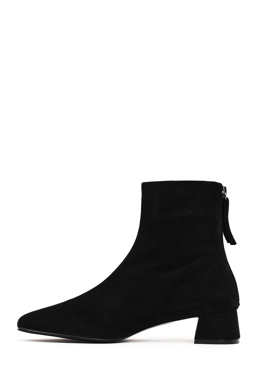 Women's Black Zip-Up Short Chunky Heel Suede Leather Boots