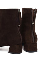Women's Brown Zip-Up Short Chunky Heel Suede Leather Boots | Derimod