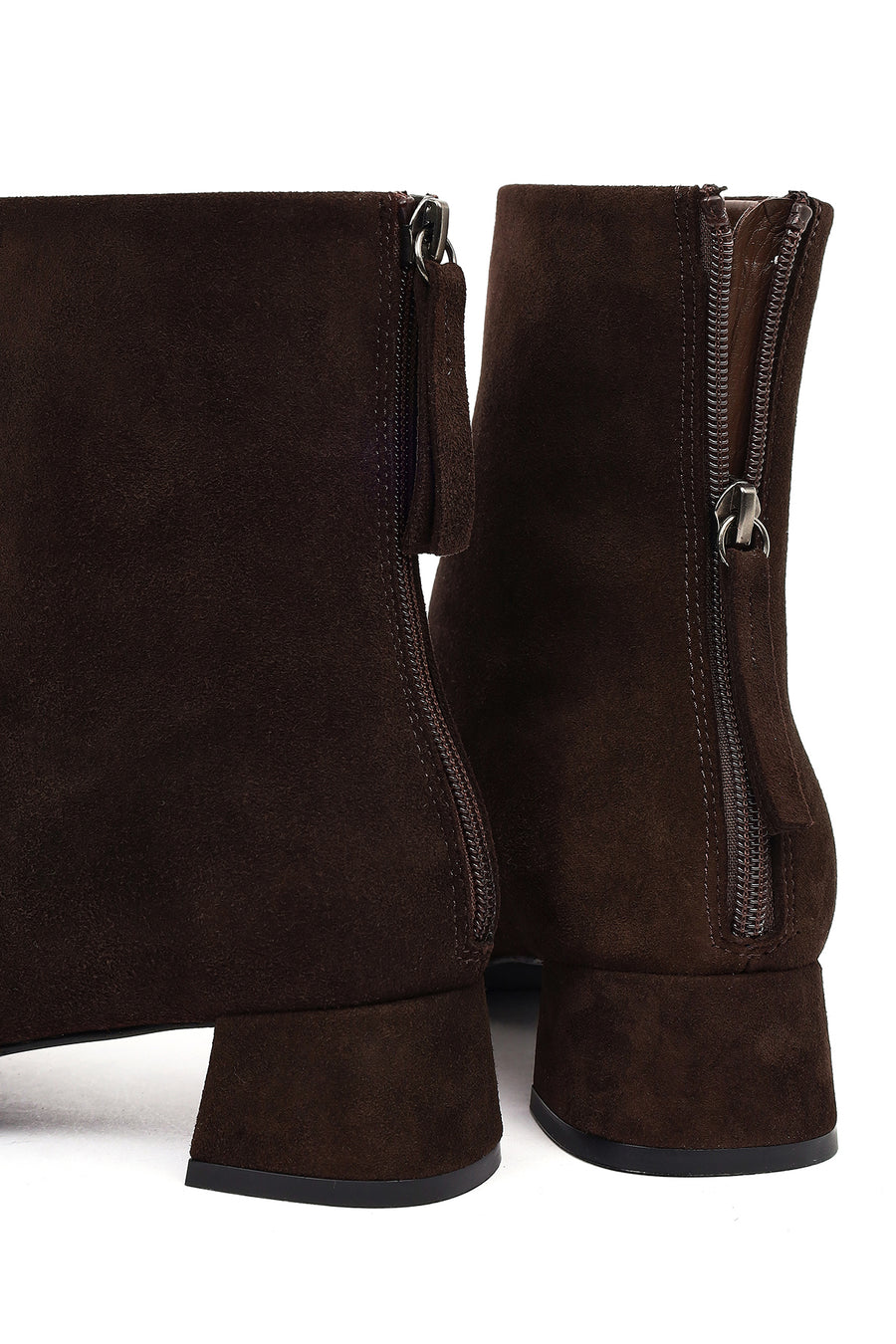 Women's Brown Zip-Up Short Chunky Heel Suede Leather Boots