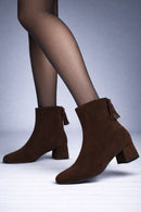 Women's Brown Zip-Up Short Chunky Heel Suede Leather Boots | Derimod