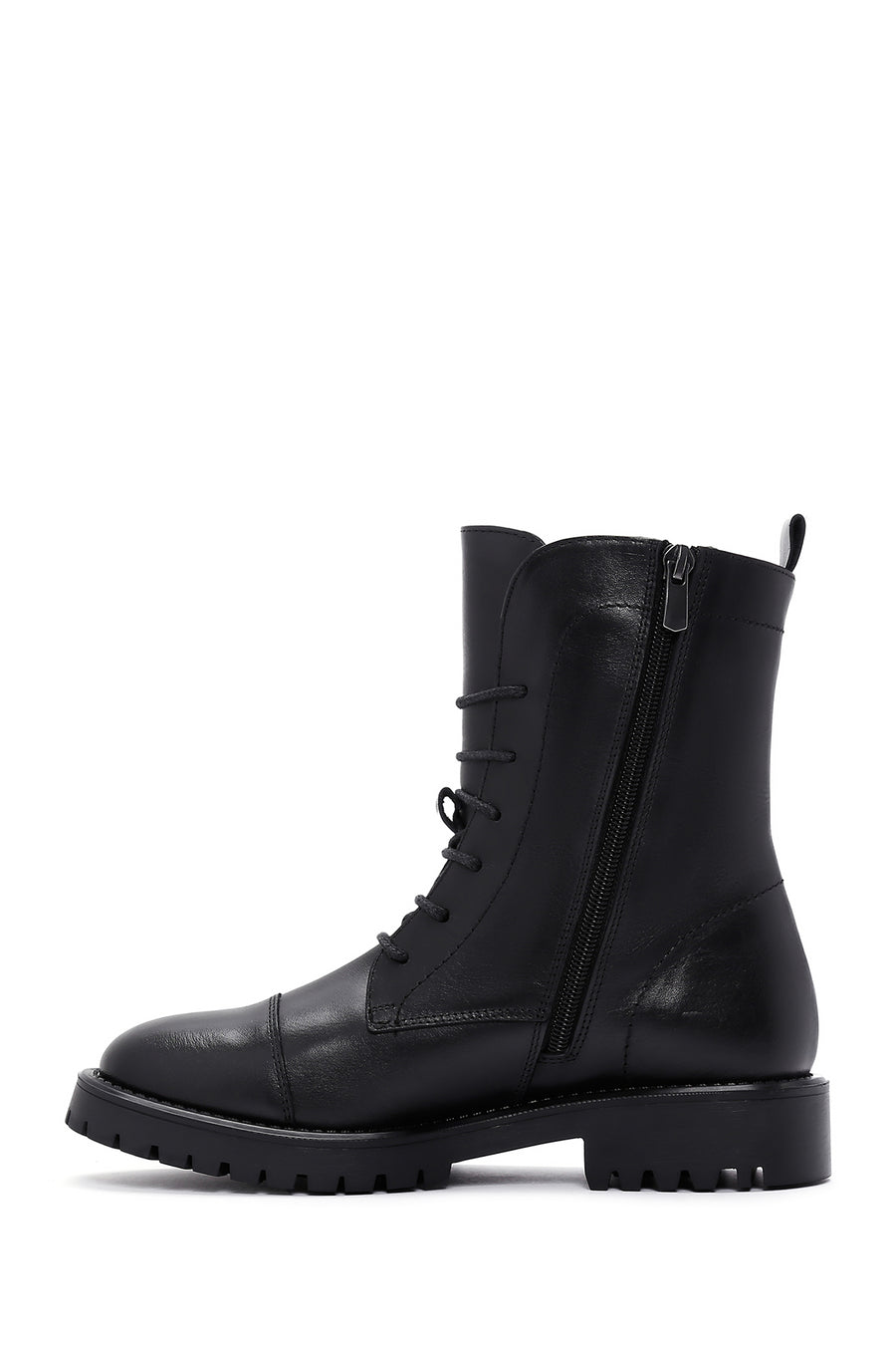 Woman Black Lace-Up Zipper Detail Leather Postal Boots