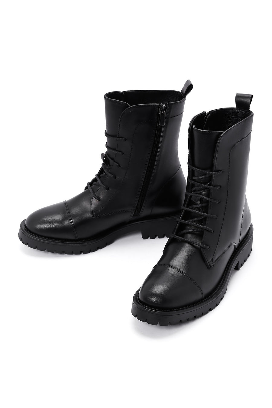 Woman Black Lace-Up Zipper Detail Leather Postal Boots