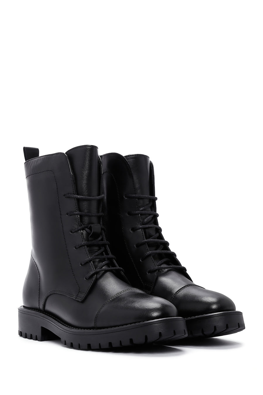 Woman Black Lace-Up Zipper Detail Leather Postal Boots