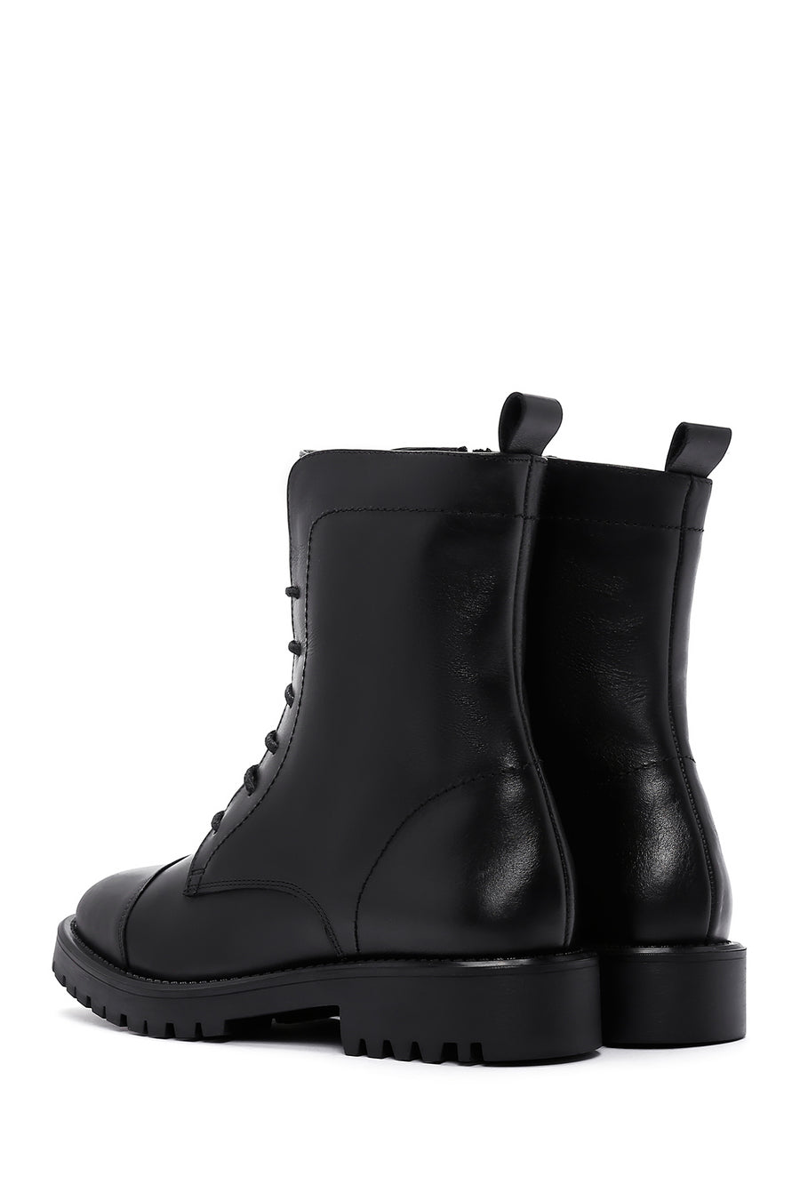 Woman Black Lace-Up Zipper Detail Leather Postal Boots